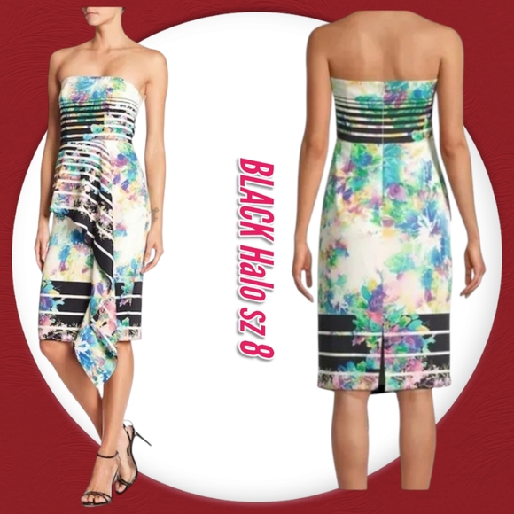 Black Halo Floral Stripe Strapless Ruffle Sheath Knee Length Cocktail Dress - Picture 1 of 12